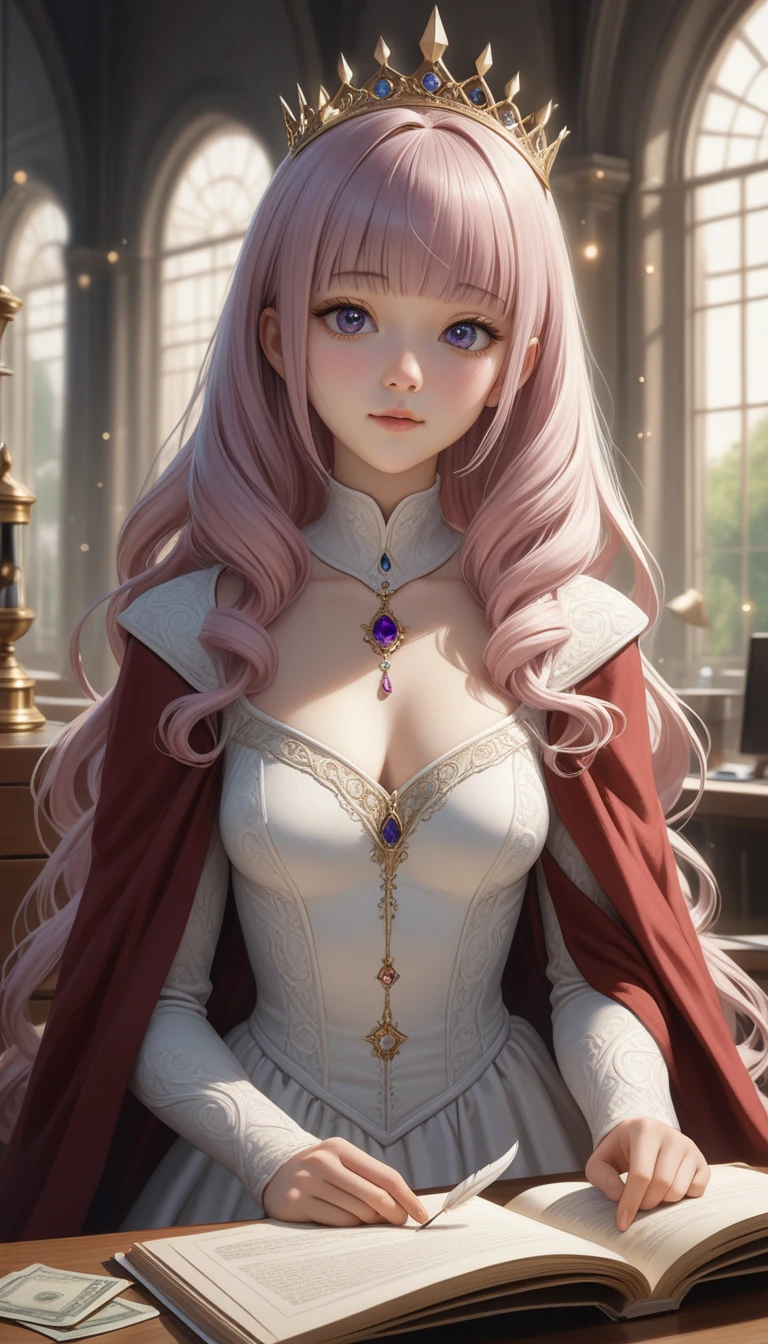 (very aesthetic, best quality, ultra detailed), intricate details,
1girl, purple hair, blunt bangs, purple eyes, white coat, long hair, smile,((blunt bangs))((Vertical roll))(Masterpiece: 1.2, Best quality), Realistic, (Realistic picture, Complex details, Depth of field), Best quality, Masterpiece, Highly detailed, Half realistic, 1 girl, Mature female, 21 years old,princess crown, white princess dress,with short golden hair, The left eye is covered with hair, Blue eyes, The king's clothes, Red cloak, Slim figure, A crown made of precious gold, Read and mark up documents, quill, office desk, Soft bench,02,Detailed face,Ultra-detailed eyes, 3mpr3ss, corset, (Night dress), Beautiful adult woman, 20-year-old,,bangs, front, Peach-colored hairs, 最high quality, high quality, High detail, Are standing, Wide shoulder pads, Money trimmed cloak,gem, Money (whole body), Hourglass Shape, (collar), (tall big tiara), Peplum, Penniers, interior, large hall, Bokeh, (Rim Light) Dark bu5tl3, White long dress, . Magic, Fantastic, Fascinating, Picture book style, Very detailed,((The hairstyle is Vertical roll )) Pink Hair ,bangsblunt bangs,((Vertical roll)),{masterpiece},{best quality},{1 Girl}, Lovely, Astonishing, Beautiful and delicate eyes, black eyes, Long hair, Pink Hair,curls,Fine details,Depth of Field,Extremely detailed CG,The original, Extremely detailed wallpaper,Upper Body, Looking at the audience