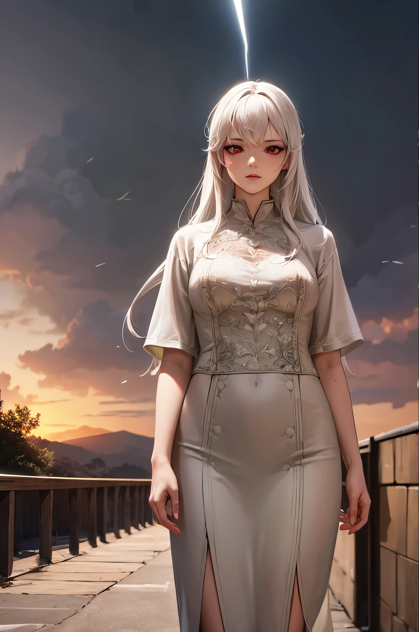 masterpiece, Highest quality, Very detailed, Lightning in the movie, 8k, Depth of written boundary, alone, One girl, A girl with white hair and red eyes, Long white hair, Beautiful red eyes, Beautiful Landscape, View your viewers,Cowboy Shot