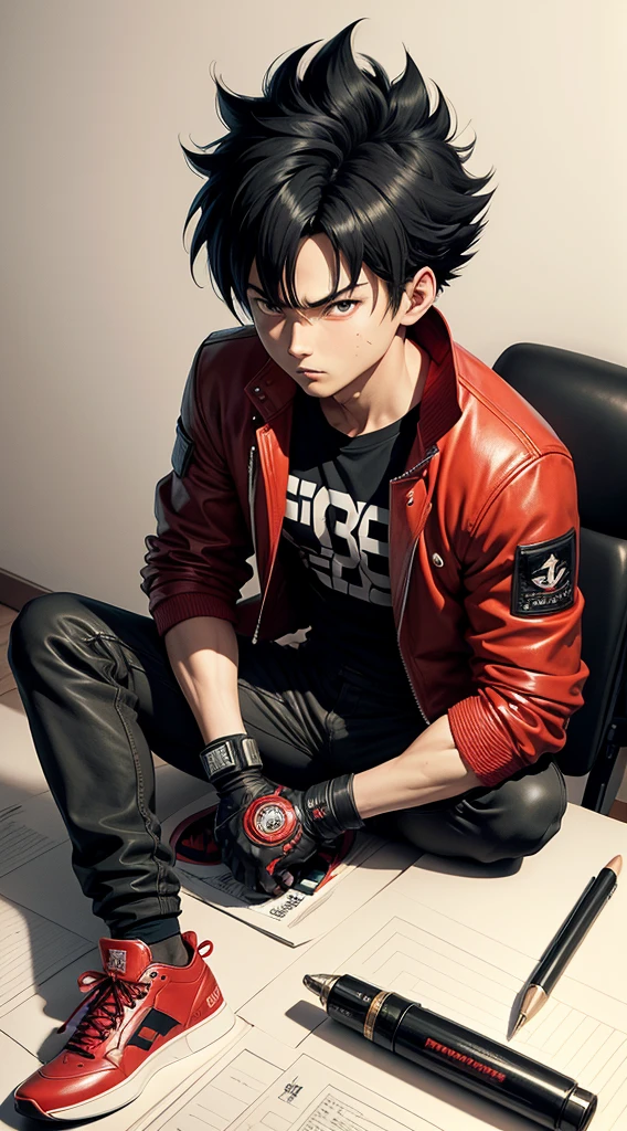 Akira male character Kaneda consists of - Art - O - Katsuhiro Ôtomo, Red leather jacket, red racing suit, MOTO GP suit, hand drawn, pencil ink on sketch book, color pencils and markers on table,anime manga Art Style, Wild Spike Black Saiyan Hair, Akira Toriyama style, AKIRA concept art, inspired by Seki Toriyama, AKIRA style, HD artwork, character AKIRA
