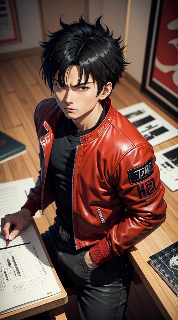 Akira male character Kaneda consists of - Art - O - Katsuhiro Ôtomo, Red leather jacket, red racing suit, MOTO GP suit, hand drawn, pencil ink on sketch book, color pencils and markers on table,anime manga Art Style, Wild Spike Black Saiyan Hair, Akira Toriyama style, AKIRA concept art, inspired by Seki Toriyama, AKIRA style, HD artwork, character AKIRA