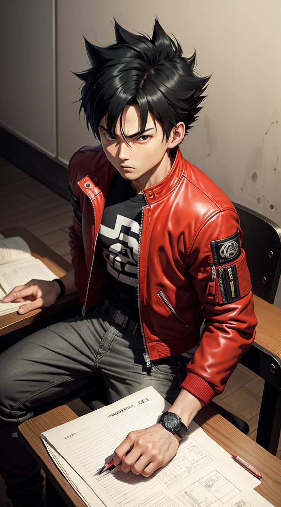 Akira male character Kaneda consists of - Art - O - Katsuhiro Ôtomo, Red leather jacket, red racing suit, MOTO GP suit, hand drawn, pencil ink on sketch book, color pencils and markers on table,anime manga Art Style, Wild Spike Black Saiyan Hair, Akira Toriyama style, AKIRA concept art, inspired by Seki Toriyama, AKIRA style, HD artwork, character AKIRA