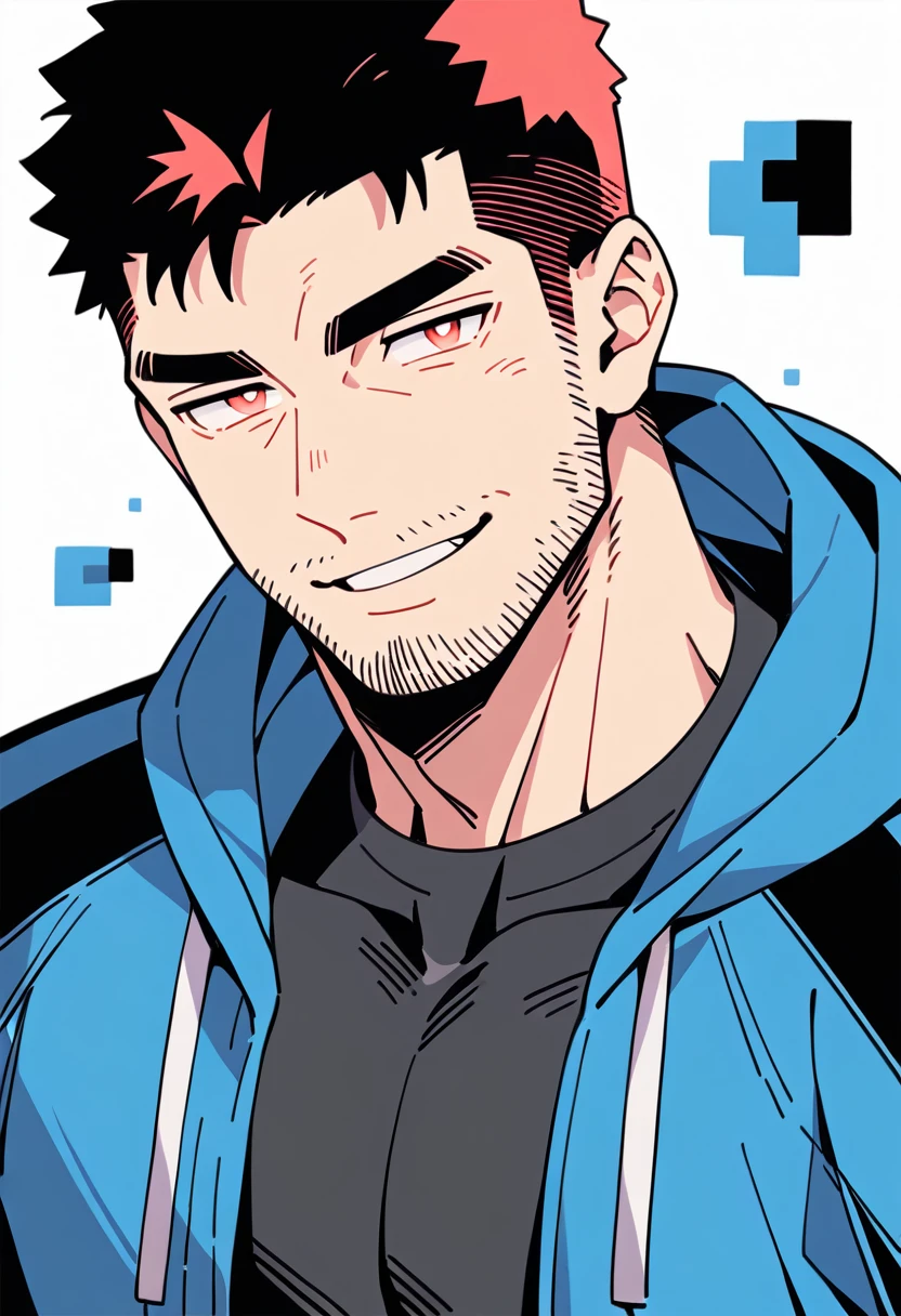anime characters:Chris Redfield, Muscle Sports Student, Buzz Cut, Manliness, male focus, Sports tight hooded sweatshirt, Wear a black high-necked tights inside, Very tight, full and perky chest muscles, muscular male, muscular, only, Upper body, alone, Red short hair, Thick eyebrows, stubble, Brown-red pupils, White background, simple background, amazing quality, best aesthetics, Ridiculous, crew cut, parted lips, evil smile, naughty face, negative space, best quality