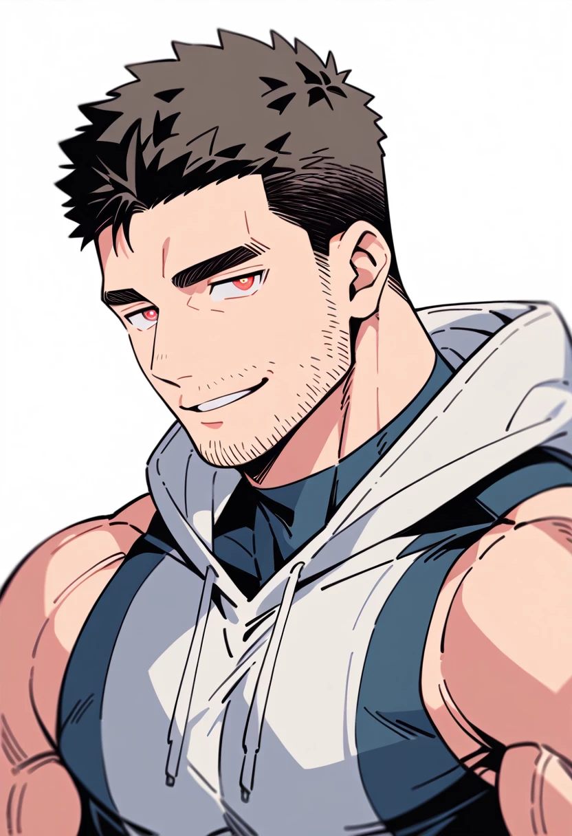 anime characters:Chris Redfield, Muscle Sports Student, Buzz Cut, Manliness, male focus, Sports tight hooded sweatshirt, Wear a black high-necked tights inside, Very tight, full and perky chest muscles, muscular male, muscular, only, Upper body, alone, Red short hair, Thick eyebrows, stubble, Brown-red pupils, White background, simple background, amazing quality, best aesthetics, Ridiculous, crew cut, parted lips, evil smile, naughty face, negative space, best quality