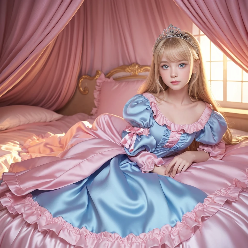 ,highest quality, masterpiece, highest resolution, artwork, super それにget used to it, many get used to it, get used to it, それにget used to it, 3K realistic photos,,((10 year old girl)),Super detailed baby face,She is a princess,Full length ball gown dress with hoop skirt,ruffle yoke collar,puff sleeves,long sleeve,((Lolita style hot pink detailed princess satin dress、Comes with lots of frills and ribbons。)),colorful rococo fashion,shiny satin dress,Soft and smooth fabric,luxury,long blonde hair,blue eyes,white skin european,pajamas,((inside the palace)),,,(( of 10 years old)),Super detailed baby face,Full length ball gown dress with hoop skirt,long skirt,ruffle yoke collar,puff sleeves,腰まで伸びるlong blonde hair,blue eyes,white skin european,pajamas,((inside the palace bedroom)),ピンクのシルクサテンのluxuryなcanopy bedの上,canopy bed,Luxurious curtains on both sides of the bed,many frilly pillows on the bed,super detailed background,Detailed bed,romantic atmosphere,the little princess is on the bed,hug a pink pillow,((((Both legs are hidden in the dress)))),the dress is spread out on the bed,soft pink silk satin comforter,soft silk satin ruffled pillow,Beautiful girl illustration,detailed beautiful face detailed hair,detailed human eye ,detailed mouth, arm details,fine hands,Detailed pillow,