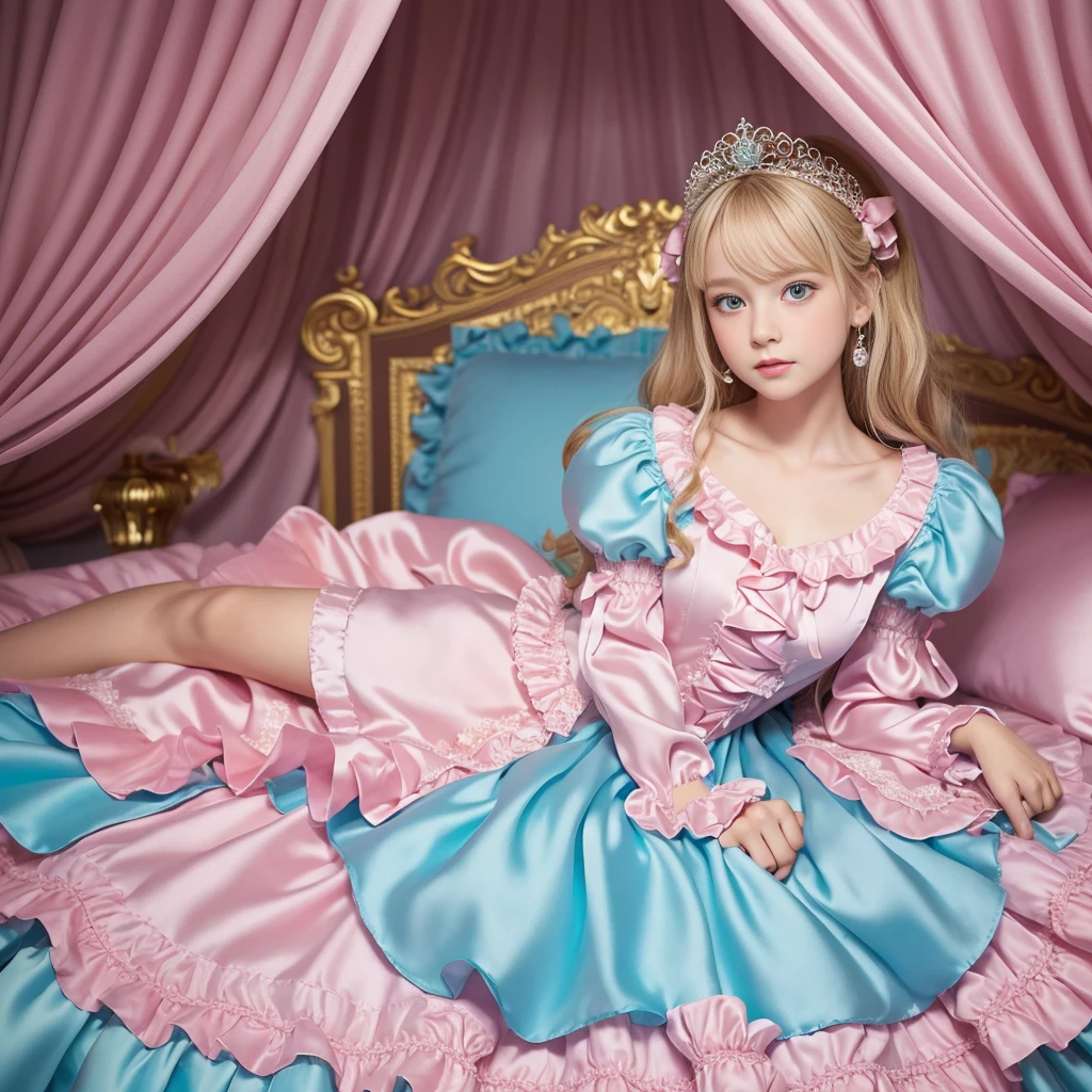 ,highest quality, masterpiece, highest resolution, artwork, super それにget used to it, many get used to it, get used to it, それにget used to it, 3K realistic photos,,(( girl)),Super detailed baby face,Srincess,Full length ball gown dress with hoop skirt,ruffle yoke collar,puff sleeves,long sleeve,((Lolita style hot pink detailed princess satin dress、Comes with lots of frills and ribbons。)),colorful rococo fashion,shiny satin dress,Soft and smooth fabric,luxury,long blonde hair,blue eyes,white skin european,pajamas,((inside the palace)),,,(( of 10 years old)),Superby face,Full length ball gown h hoop skirt,long skirt,ruffle yoke collar,puff sleeves,腰まで伸びるlong blonde hair,blue eyes,white skin european,pajamas,((inside the palace bedroom)),ピンクのシルクサテンのluxuryなcanopy bedの上,canopy bed,Luxurious curtains on both sides of the bed,many frilly pillows on the bed,super detailed background,Detailed bed,romantic atmosphere,the little princess is on the bed,hug a pink ,((((Both legs are hidden in the dress)))),the dress is spread out on the bed,soft pink silk satin comforter,soft silk satin ruffled pillow,Beautiful girl illustration,detailed beautiful face detailed hair,detailed human eye ,detailed mouth, arm details,fine hands,Detailed pillow,