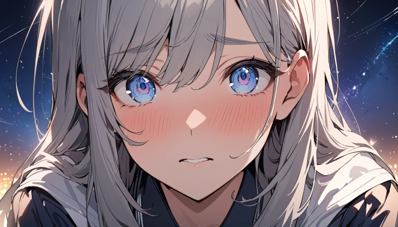 masterpiece, High resolution, perfect face, Japan beauties, 30 years old, beautiful face, star sky background, high school student, embarrassed look, look at the camera, (top quality eyes), detailed texture, Look at me, Married woman, cool women, ((high resolution eyes)), hentai face