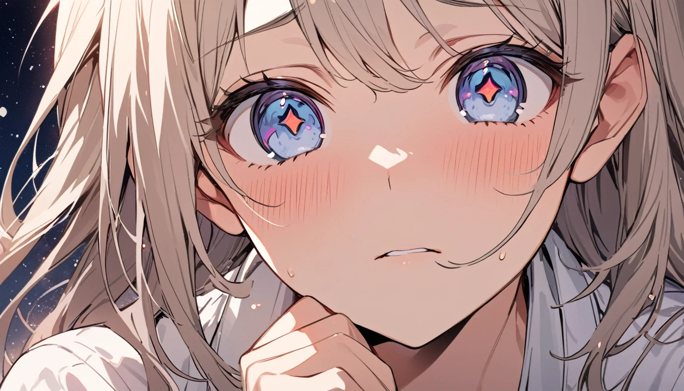 masterpiece, High resolution, perfect face, Japan beauties, 30 years old, beautiful face, star sky background, high school student, embarrassed look, look at the camera, (top quality eyes), detailed texture, Look at me, Married woman, cool women, ((high resolution eyes)), hentai face