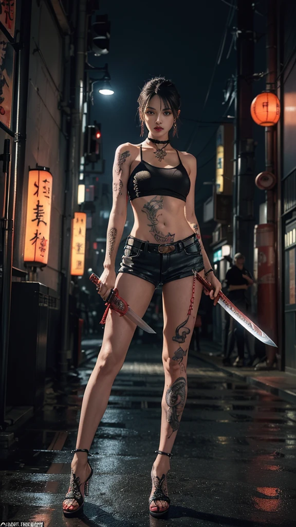 (8k, best quality, masterpiece), (realistic, realistic), (ultra-detailed, best quality, super-high resolution), (full body, full body photo:1.4), (female spy:1.1), (pretty face, idol, cute:1.5), symmetrical portrait of gangster, best quality, black hair, short hair, short bob, surreal, perfect anatomy, (lots of people in background, japanese city, tokyo downtown, crowded background), wet and shiny white skin, ahegao, (oversized jeans), soaking wet, perfect body, tank top, natural light, cyberpunk city, neon lights, urban tech wear, (holding a large odachi sword in hand, holding the hilt of the odachi sword in hand, standing with a samurai sword:1.3), (tattoo, japanese tattoos all over body:1.5), red lips, red high heels, choker, necklace, earrings, (highly detailed:1.4), from the front, looking at the camera, pensive expression