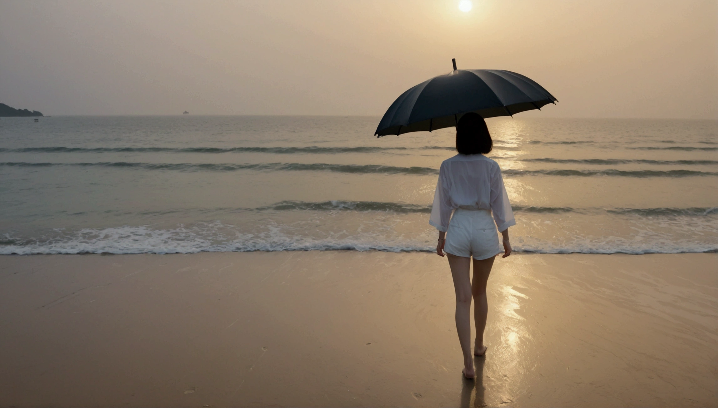 8k, Vivid picture quality, Vivid picture quality, long deserted beach, walking slowly from afar, Short hair, beautiful appearance, Model-like body, sunset의 붉은 빛, sunset, alone, afternoon, depressed, tide가 밀려온다, rain, medium size black umbrella, ocean, tide, wind, rain가 내리는, Short and slim Korean woman, tower, White shorts, rain가 내리는, walking on the beach with a black umbrella