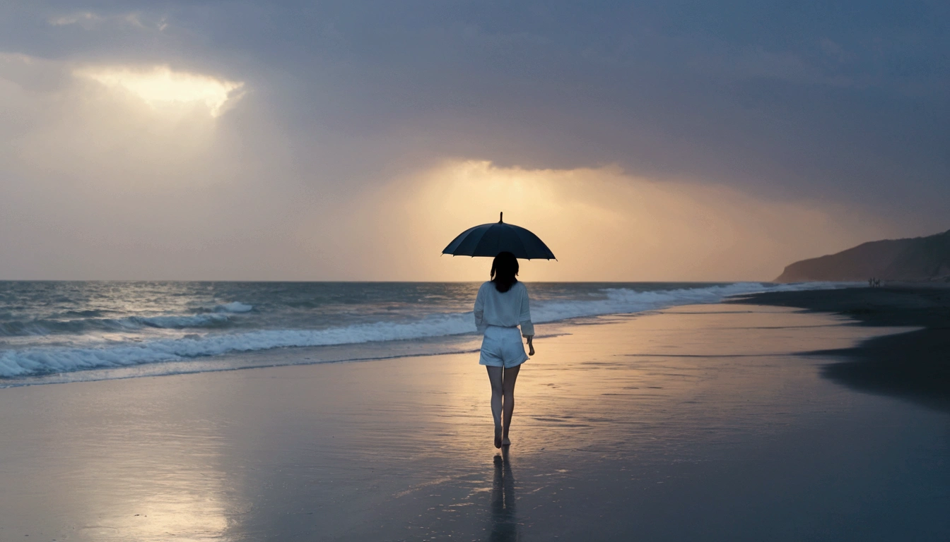 8k, Vivid picture quality, Vivid picture quality, long deserted beach, walking slowly from afar, Short hair, beautiful appearance, Model-like body, sunset의 붉은 빛, sunset, alone, afternoon, depressed, tide가 밀려온다, rain, medium size black umbrella, ocean, tide, wind, rain가 내리는, Short and slim Korean woman, tower, White shorts, rain가 내리는, walking on the beach with a black umbrella