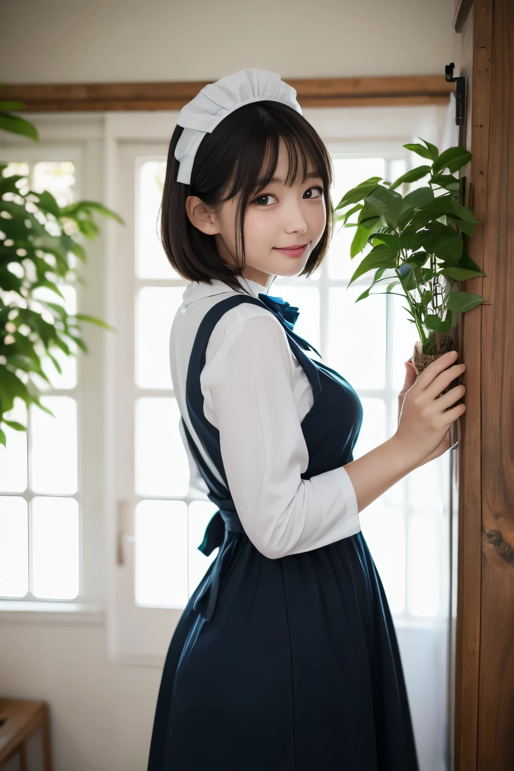 Detailed image of a young female character standing in a castle-like room with sunlight streaming in。She has short black hair、Has big blue eyes、She has a slightly sad look on her face.。She wears traditional maid clothes、She is wearing a black puff-sleeved dress with a frilly white apron.。The apron is tied with a large ribbon at the back.。Also、Wearing a white frilly headband。Her pose seems a little embarrassing、Hold the arm with one hand、The other hand is hanging down to the side。In the background, sunlight coming through a large window、Various green plants、There is vintage furniture、It creates a quiet and nostalgic atmosphere.。smile、Large Breasts、Large Breastaid、