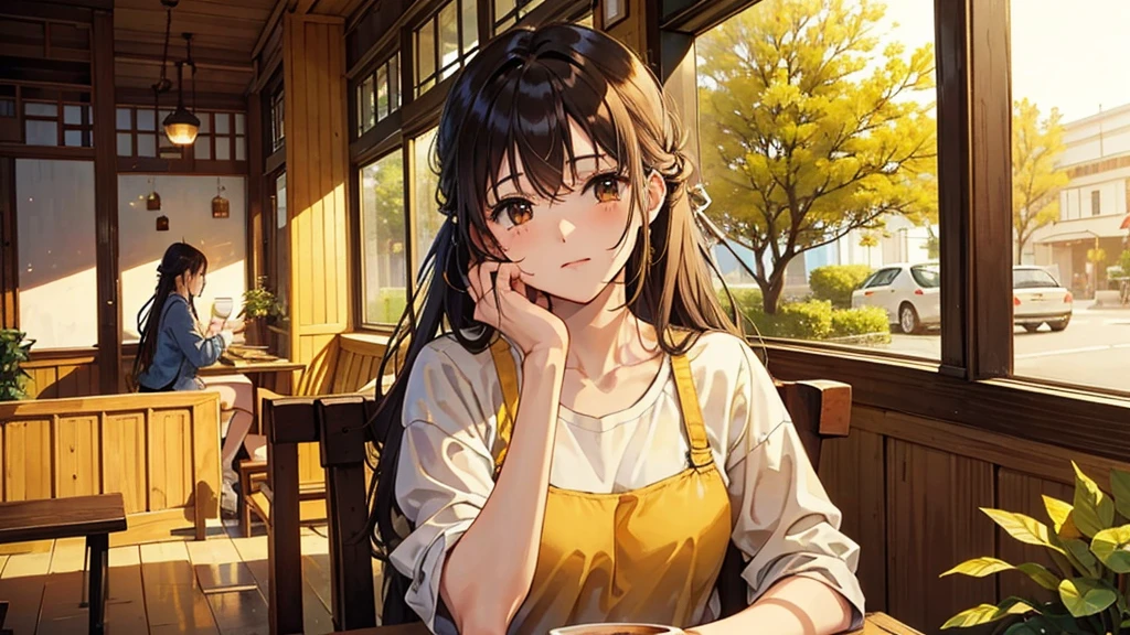 「Quiet morning at the cafe、The morning sun is shining outside the window。A female character sitting by the window、Holding a cup of hot coffee in his hands, he quietly gazes outside.。She has her long hair tied up、Wearing casual clothes。The interior of the cafe is natural.、Decorated with wooden furniture and potted plants。The background is in soft yellow and orange tones.、It creates a calm atmosphere。」