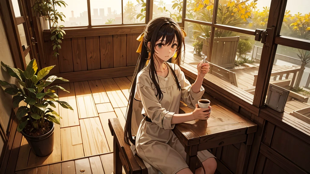 「Quiet morning at the cafe、The morning sun is shining outside the window。A female character sitting by the window、Holding a cup of hot coffee in his hands, he quietly gazes outside.。She has her long hair tied up、Wearing casual clothes。The interior of the cafe is natural.、Decorated with wooden furniture and potted plants。The background is in soft yellow and orange tones.、It creates a calm atmosphere。」