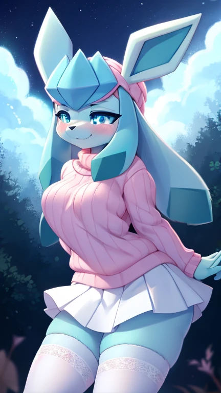 best quality,best resolution,(fluffy anthro furry :1.3),Glaceon,cyan eyes,glowing eyes,neon eyes,glistering eyes,medium breasts,pink sweater,(white skirt),white stockings,dark blue sky,huge bluemoon,hungry face,desire smile,eye close,looking at viewer,full face blush,heavy breath,very hot,heart eyes,shy expression eyes,shy pose,front view,Glaceon,young (18 years old)