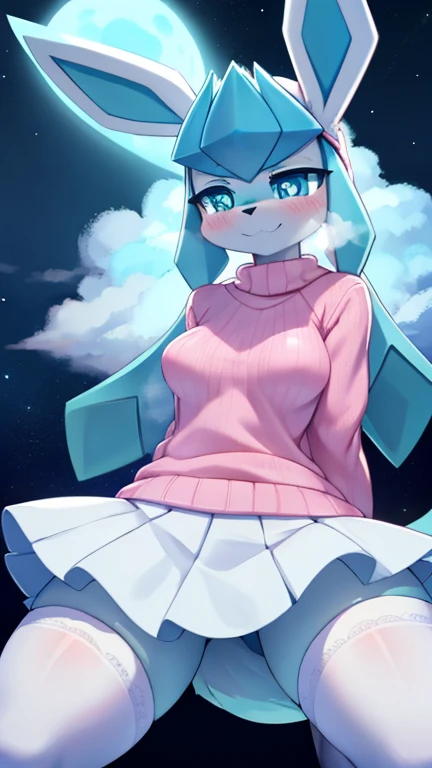 best quality,best resolution,(fluffy anthro furry :1.3),Glaceon,cyan eyes,glowing eyes,neon eyes,glistering eyes,medium breasts,pink sweater,(white skirt),white stockings,dark blue sky,huge bluemoon,hungry face,desire smile,eye close,looking at viewer,full face blush,heavy breath,very hot,heart eyes,shy expression eyes,shy pose,front view,Glaceon,young (18 years old)