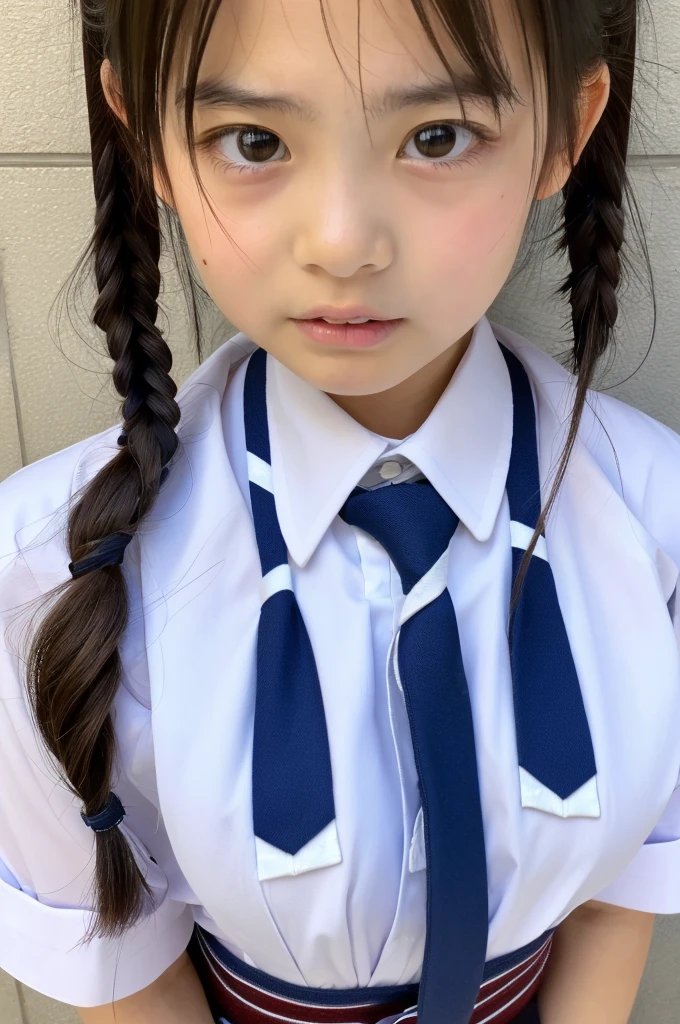 ((highest quality, masterpiece :1.3)), Photorealistic、Ultra-high resolution、Natural skin texture、Hyperrealism、Ultra close-up、 beautiful Japanese girl、Twin tail hair、well-shaped breasts、White collared shirt and tie、mini skirt、Frightened expression