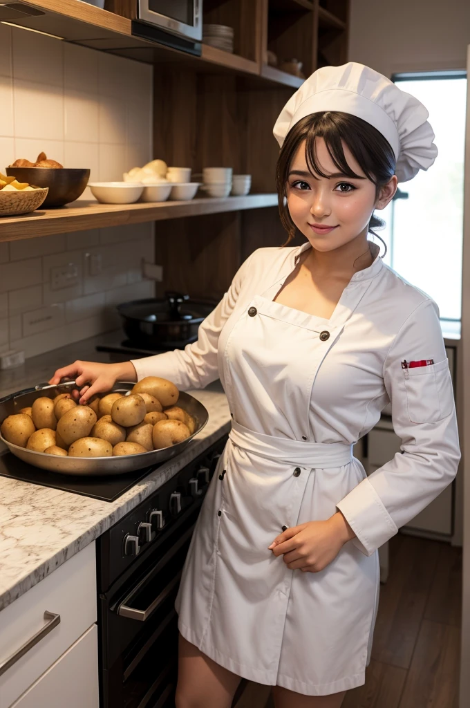 A potato dressed as a lady in a chef's outfit