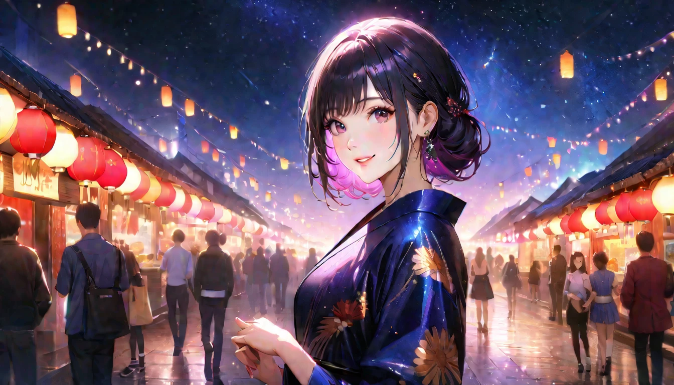Summer festival,Date with her,night, Starry Sky,yukata,Gazing at the sky,high school girl,smile,Glitter effect,Highest quality, 8k, High resolution, masterpiece:1.2, Very detailed, Realistic:1.37, High resolution, 超High resolution, Ultra-fine painting, Very detailed, Professional, Vibrant colors