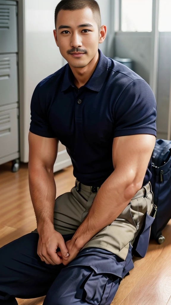 Masterpiece, best quality, high resolution, realistic, handsome, Take beautiful photos, A photo of a 35-year-old Gym Association member sitting on the floor. (The man has a thin mustache.) ,Full body, Portrait, Standing in the locker room, make military media, weight, Amazing , Buzzcut short hair,stubble head , (Hyper Muscle),looking at the audience, Flirt with the camera, charming, (Tight navy blue polo shirt Cargo pants ),(GS-Male:1), 8k,Bokeh,Portrait,look at the viewer, smile