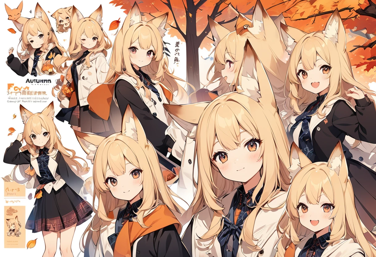 Anime, two heads, cute fox girl, autumn, multiple poses and expressions, different angles, character sheet, fashionable clothes, illustration, white background,