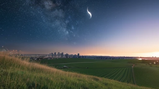 Starry sky grassland、Half Moon、City lights in the distance