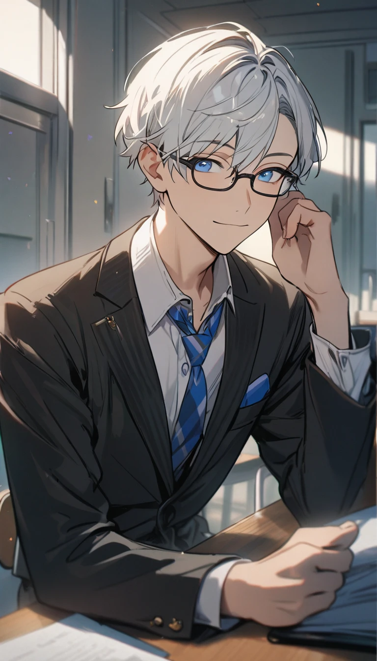 1 male, short hair, white hair, blue eyes, young teenager, glasses, school, formalwearr, Soft boy face, calm expression (best quality,4k,highres,masterpiece:1.2)