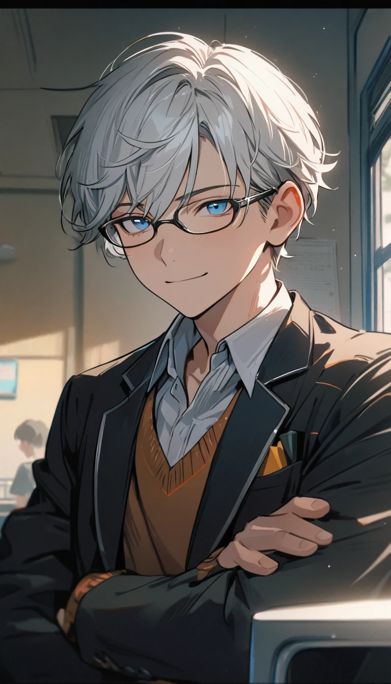 1 male, short hair, white hair, blue eyes, young teenager, glasses, school, formalwearr, Soft boy face, calm expression (best quality,4k,highres,masterpiece:1.2)