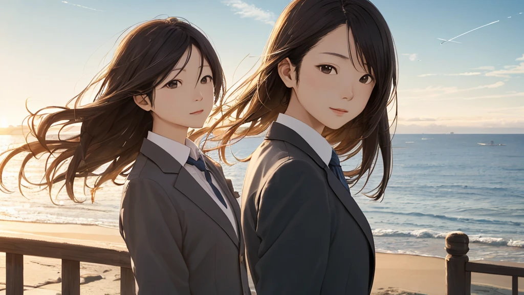 Shiraishi Mei, Looks just like Mei Shiraishi,Oceanの方を向いている後ろ姿、Woman looking up at the sky ,Long Hair, Dark brown hair, Suit jacket、Blouse Photos, Realistic, Highest quality, Detailed face, The background is the cityscape of Japan、Strong sunlight, Contrail、Ocean, Embankment, Detailed Background, Diffused sunlight, Written boundary depth, Bokeh (Highest quality: 1.2), (masterpiece: 1.2), Watch Viewer, one piece, White Theme, ,vision、(((Panorama:1.2)))