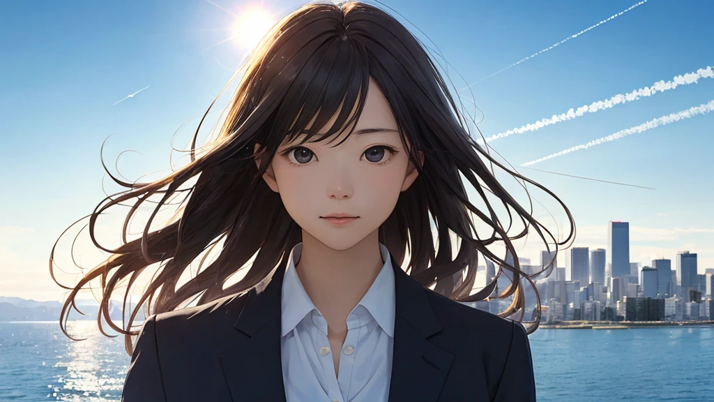 Shiraishi Mei, Looks just like Mei Shiraishi,Oceanの方を向いている後ろ姿、Woman looking up at the sky ,Long Hair, Dark brown hair, Suit jacket、Blouse Photos, Realistic, Highest quality, Detailed face, The background is the cityscape of Japan、Strong sunlight, Contrail、Ocean, Embankment, Detailed Background, Diffused sunlight, Written boundary depth, Bokeh (Highest quality: 1.2), (masterpiece: 1.2), Watch Viewer, one piece, White Theme, ,vision、(((Panorama:1.2)))