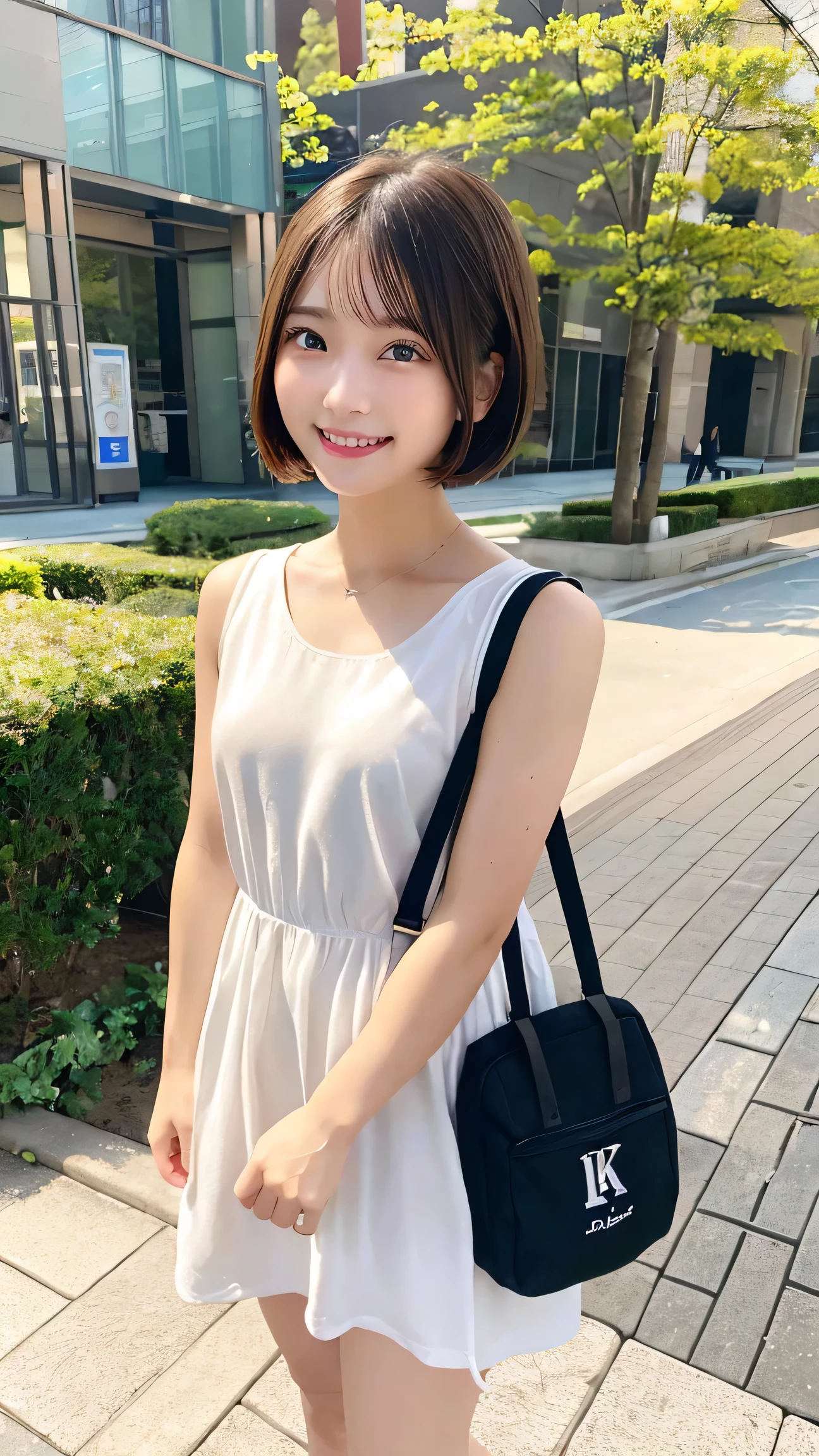8K、best image quality、smile、masterpiece、spring、short hair、fine eyes、small breasts、A refreshing smile、Female college student、Dimples、New dresses for spring、Clear system、attending university、Ruck sack