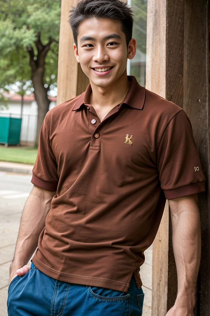(best quality, 4K, 8k, high resolution, Masterpiece: 1.2), Special details, (realistically, As realistic as a photo, photo realistic: 1.37), Edge lighting, Extra detailed coloring, sharp focus, Physical rendering ,Extremely detailed description,professional,light color,Bokeh,Portrait,look at the viewer, Young Asian man, 20 years old ,(wearing a brown polo shirt), smile ,Wide yard