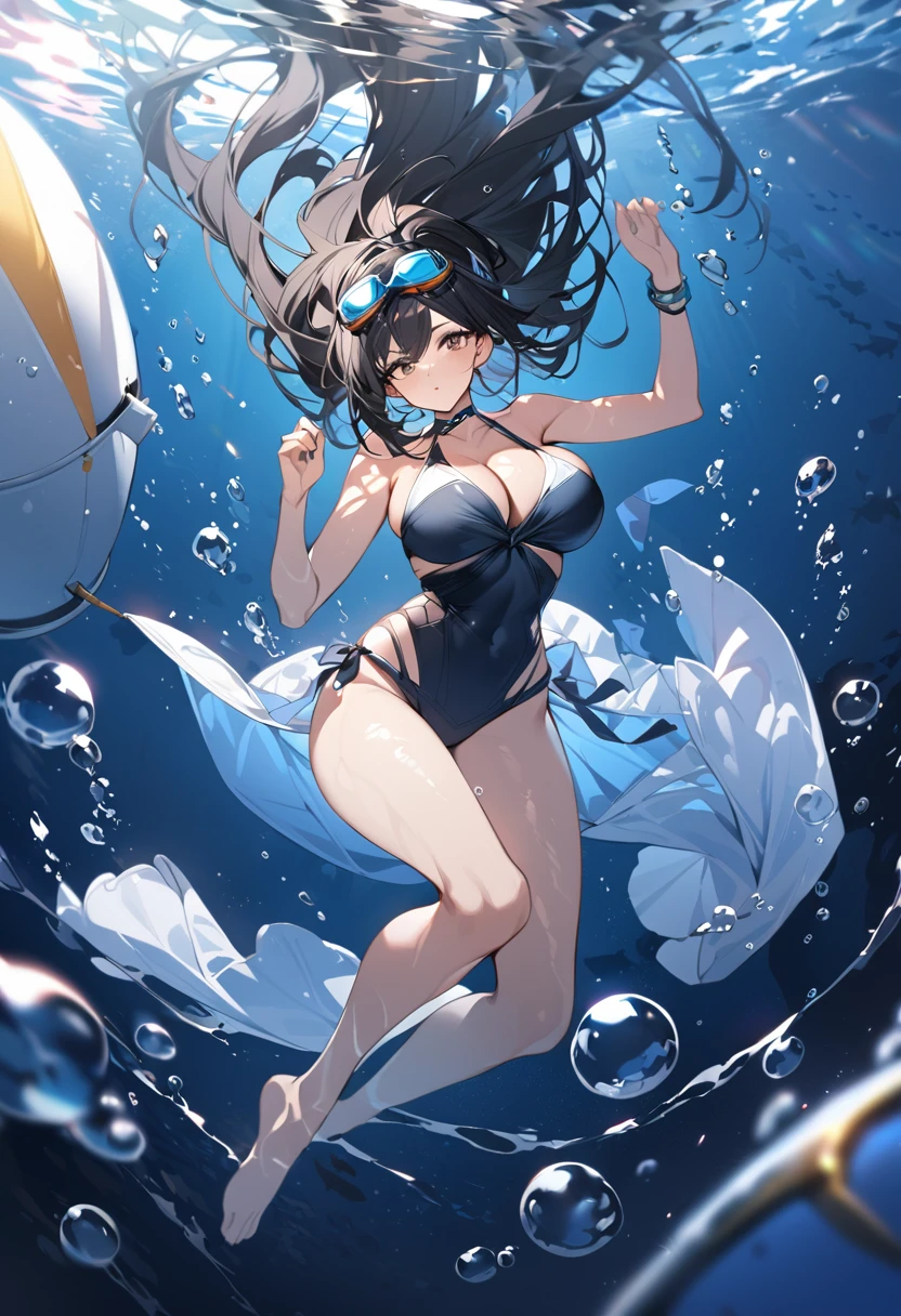 Highest quality,Highest Resolution,sexy,Swimwear,deep sea,Big Breasts,whole body,goggles,Black Hair,In the water,no gravity,Lots of bubbles