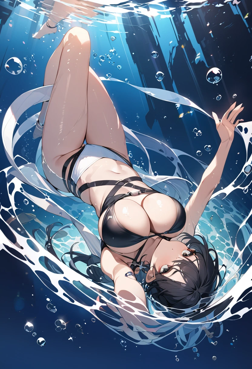 Highest quality,Highest Resolution,sexy,Swimwear,deep sea,Big Breasts,whole body,goggles,Black Hair,In the water,no gravity,Lots of bubbles