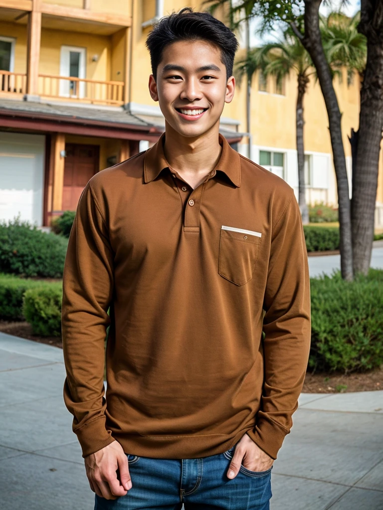 (best quality, 4K, 8k, high resolution, Masterpiece: 1.2), Special details, (realistically, As realistic as a photo, photo realistic: 1.37), Edge lighting, Extra detailed coloring, sharp focus, Physical rendering ,Extremely detailed description,professional,light color,Bokeh,Portrait,look at the viewer, Young Asian man, 20 years old ,(wearing a brown polo shirt), smile ,Wide yard