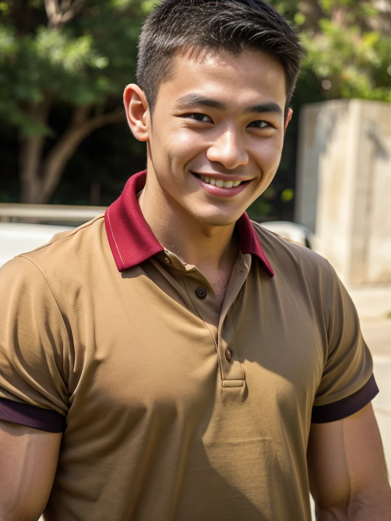 (best quality, 4K, 8k, high resolution, Masterpiece: 1.2), Special details, (realistically, As realistic as a photo, photo realistic: 1.37), Edge lighting, Extra detailed coloring, sharp focus, Physical rendering ,Extremely detailed description,professional,light color,Bokeh,Portrait,look at the viewer, Young Asian man, 20 years old ,(wearing a brown polo shirt), smile ,Wide yard