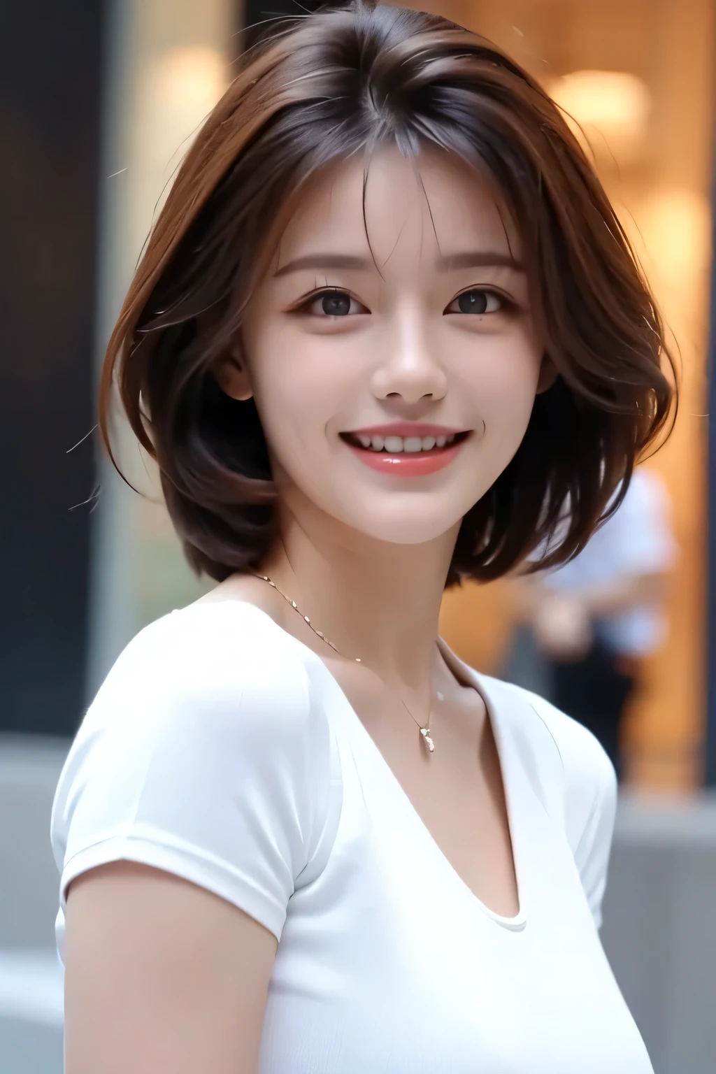 ((masterpiece)), ((Highest quality)), ((Complex)), ((Surreal)), (Realistic), (Mature Woman), ((No classes)), Very detailed, (1 female), Beautiful and exquisite, (Beautiful Teeth), Grin, Brunette Bob Hair, Brown eyes, ((blouse)), (Upper Body), (background:none), Perfect Eyes, Captivating eyes, Looking at the audience