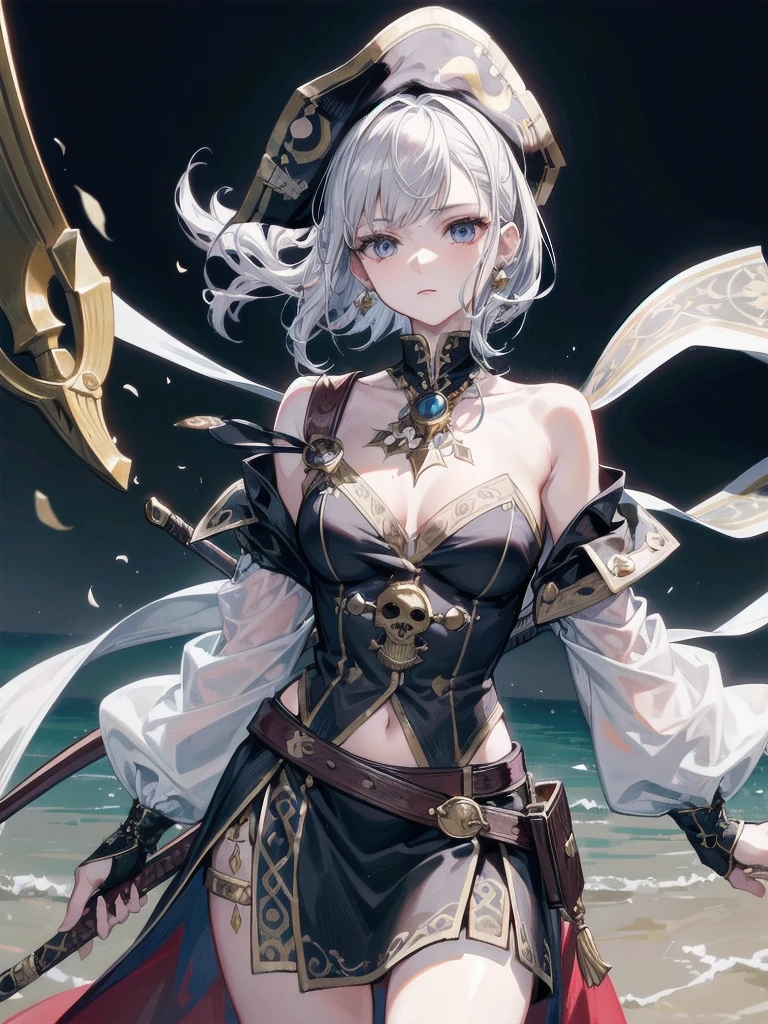 ((intricate pirate clothing)), flintlock pistol, cutlass sword, absurdres, RAW photo, extremely delicate and beautiful, masterpiece, Best Quality, ultra high resolution, 32k, hyperrealistic, ultra-detailed, detailed description, pale skin, 20 years old, tearful mole, earring, short medium hair, wavy hair, whole body shot,