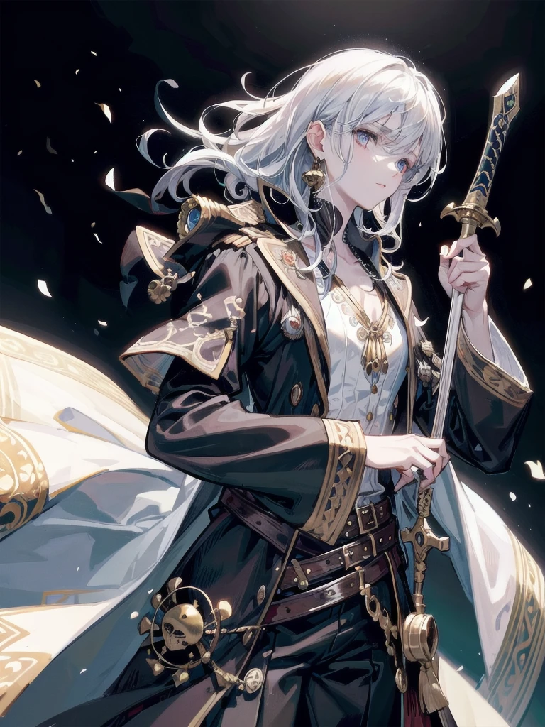 ((intricate pirate clothing)), flintlock pistol, cutlass sword, absurdres, RAW photo, extremely delicate and beautiful, masterpiece, Best Quality, ultra high resolution, 32k, hyperrealistic, ultra-detailed, detailed description, pale skin, 20 years old, tearful mole, earring, short medium hair, wavy hair, whole body shot,