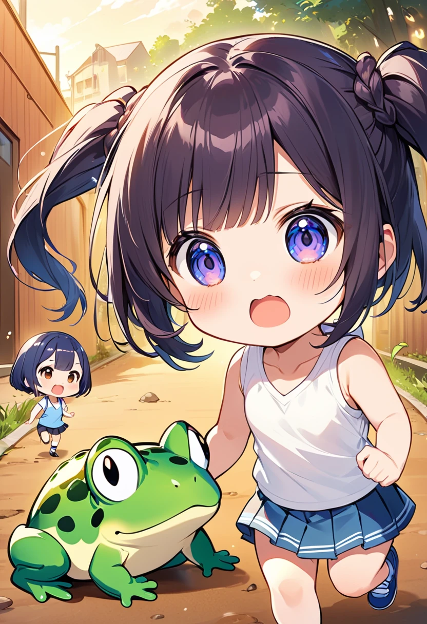 Highest quality、High resolution、Detailed Background、Beautiful face in every detail、Anatomically correct、Detailed facial expressions、fine grain、One Girl、Chibi Girl、Cute hair color、Braided Ponytail、Braided bob cut、Braided twin tails、Elementary school students, (Tank top、Vneck、mini skirt、Cute Shoes)、He is frightened by the giant frog and runs away for his life.:1.5、I have tears in my eyes、An expression that looks like it's about to cry、(A giant frog can be seen behind:1.5, They chase after me ferociously, raising a cloud of dust.:1.5)、(Run away quickly!!, Run faster!!, Baby frog cheering:1.2), Photographed from the front
