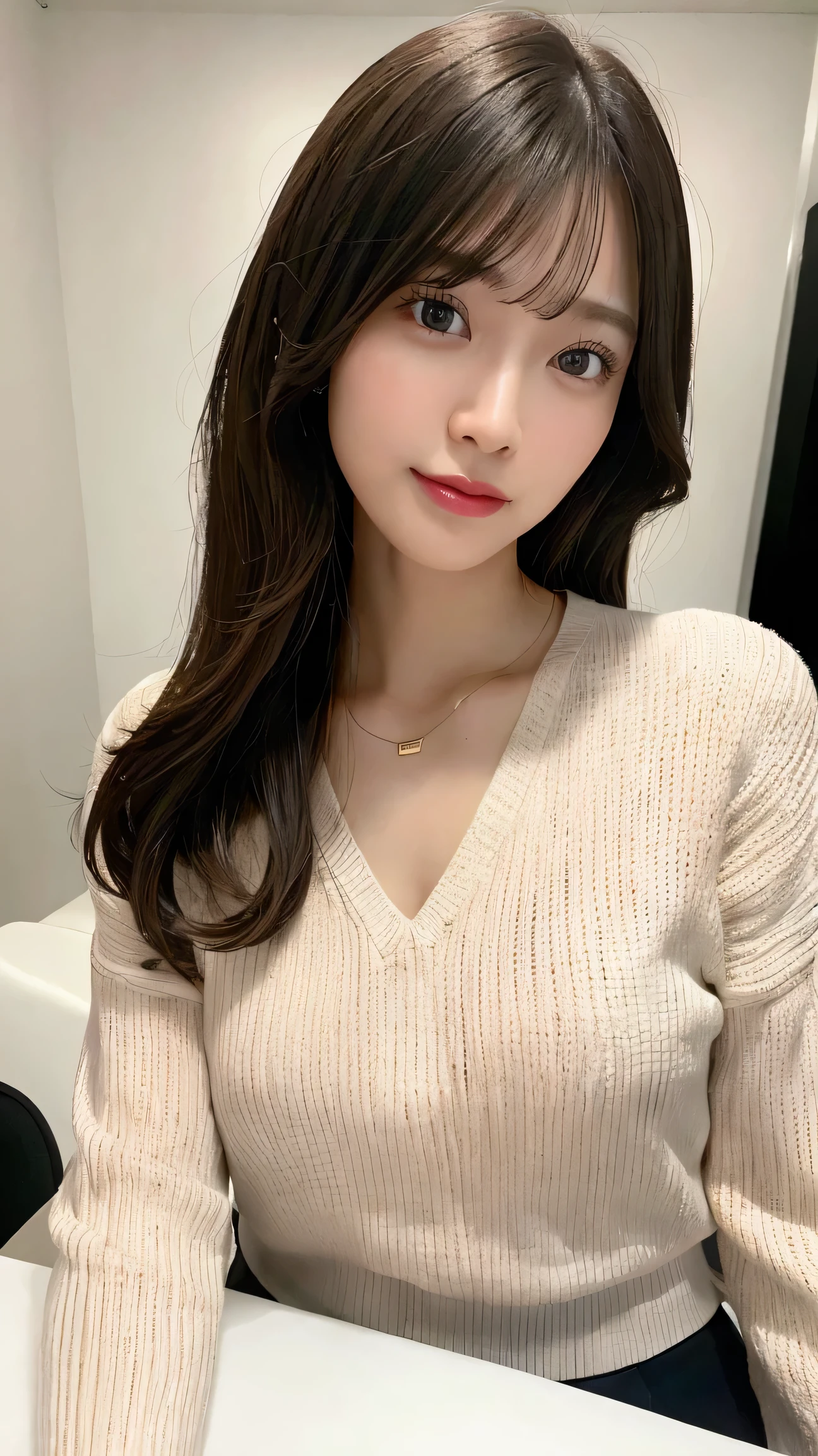 (table top,highest quality)), (photo-realistic:1.4),(((table top,8k)),white wall,(white room),((full body photo))),Photographed in natural light,Highly detailed face and skin texture,highly detailed lips,correct state of the human body,ultra high resolution,(Photoreal:1.4),highest quality, 1 beautiful woman, 38 years old, s, 60mm lens, light beige knit,(medium hair),japanese woman,(black hair),Various poses,looking at camera,natural lip color, necklace