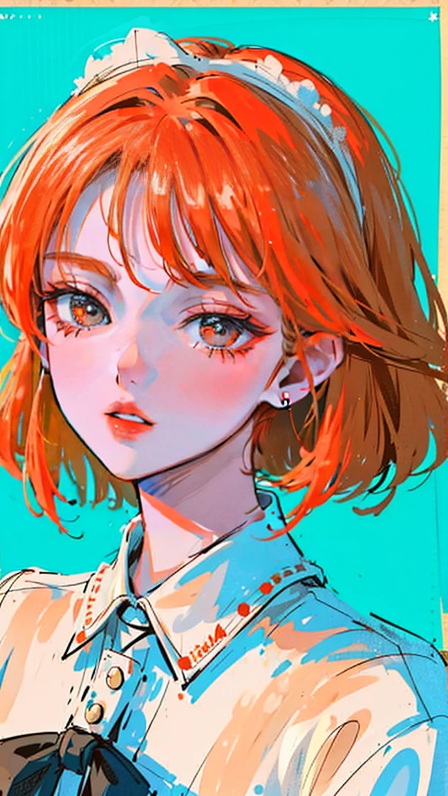 (Portraiture:1.4), (masterpiece:1.2, Highest quality:1.2), From above, Upper Body, One girl, look up, Face Focus, Highly detailed face, Very fine grain, good looking, compensate, orange short hair, ribbon hairpiece, round eyes, smiles, Fashion Wear, Earrings,
