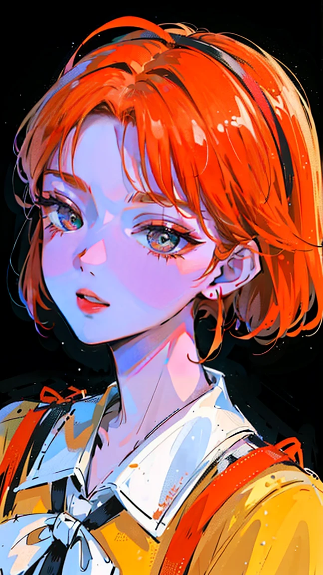 (Portraiture:1.4), (masterpiece:1.2, Highest quality:1.2), From above, Upper Body, One girl, look up, Face Focus, Highly detailed face, Very fine grain, good looking, compensate, orange short hair, ribbon hairpiece, round eyes, smiles, Fashion Wear, Earrings,