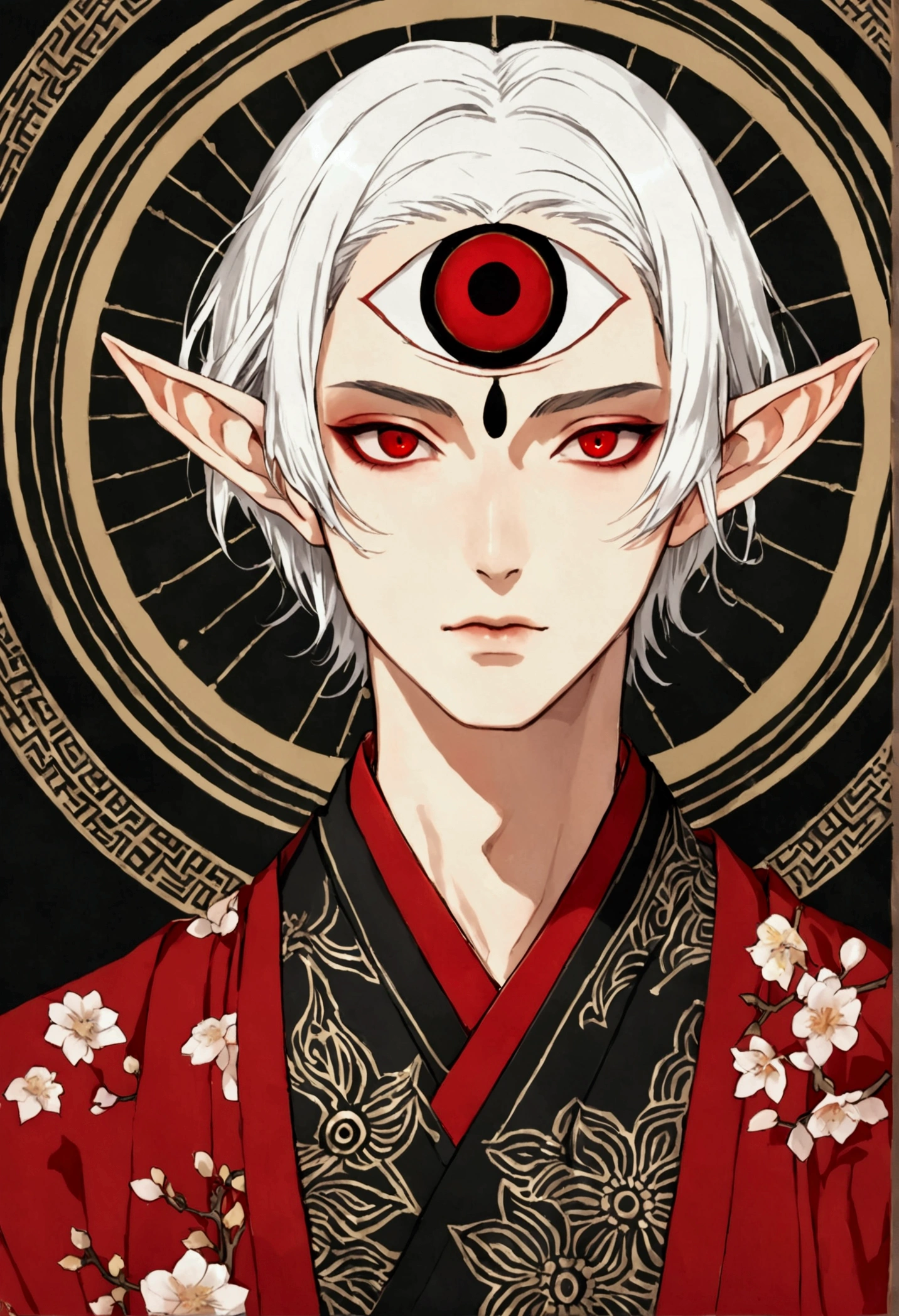 Japanese Anime,Gothic Art,(((1 Boy,独奏,third eye on the forehead,Dark eyeshadow.Middle-parted white hair-super short hair,Elf ears))),(((Gorgeous Japanese red kimono:1.6,Eye Diagram,Dark Pattern))).(((Thin waist,Greenbelt:1.37))),Soft and elegant colors