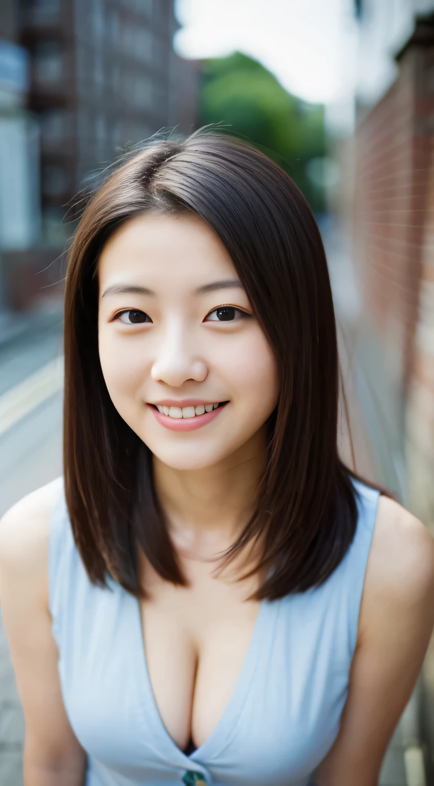 masterpiece,best quality,(Japanese ),((Beautiful girl)),cleavage,(perfect body beauty:1.2),(shy smile),beautiful teeth,(Blurred background of brick buildings),from above,