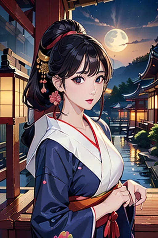 (Highest quality、 8k wallpaper、masterpiece、High resolution)、Vibrant colors、Ample breasts、Black hair in a Japanese round topknot、Beautiful girl in yukata、(Highly detailed face and eyes、Beautiful Face、Beautiful Eyes、Beautiful nose、Pretty lips)、A friendly gaze、Highly detailed background、Japanese garden、moonlight、Autumn scenery、Cowboy Shot、Official Art、