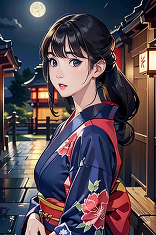 (Highest quality、 8k wallpaper、masterpiece、High resolution)、Vibrant colors、Ample breasts、Black hair in a Japanese round topknot、Beautiful girl in yukata、(Highly detailed face and eyes、Beautiful Face、Beautiful Eyes、Beautiful nose、Pretty lips)、A friendly gaze、Highly detailed background、Japanese garden、moonlight、Autumn scenery、Cowboy Shot、Official Art、