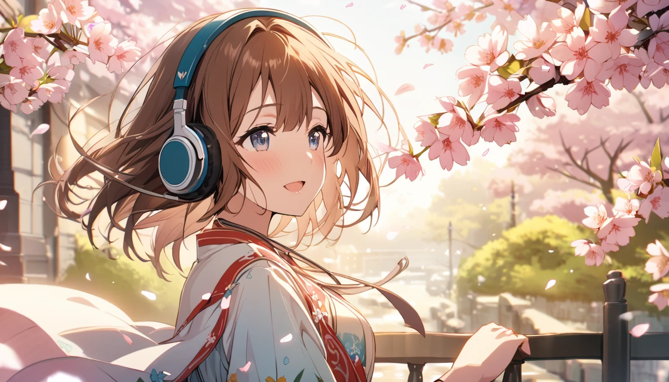 Girl wearing headphones,Brown Hair,1 person,Detailed Background,The Coming of Spring - Melody that makes you feel the breath of spring,Cherry blossoms fluttering