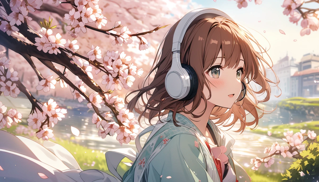 Girl wearing headphones,Brown Hair,1 person,Detailed Background,The Coming of Spring - Melody that makes you feel the breath of spring,Cherry blossoms fluttering