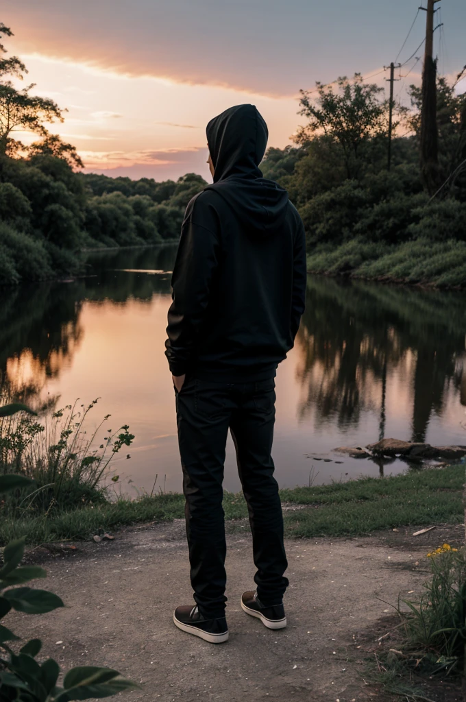 16 year old boy standing besides a river in a night with no moon and no stars no trees pitch black sky in plain area wearing a black hoodie with black pants . Back view don't show face
