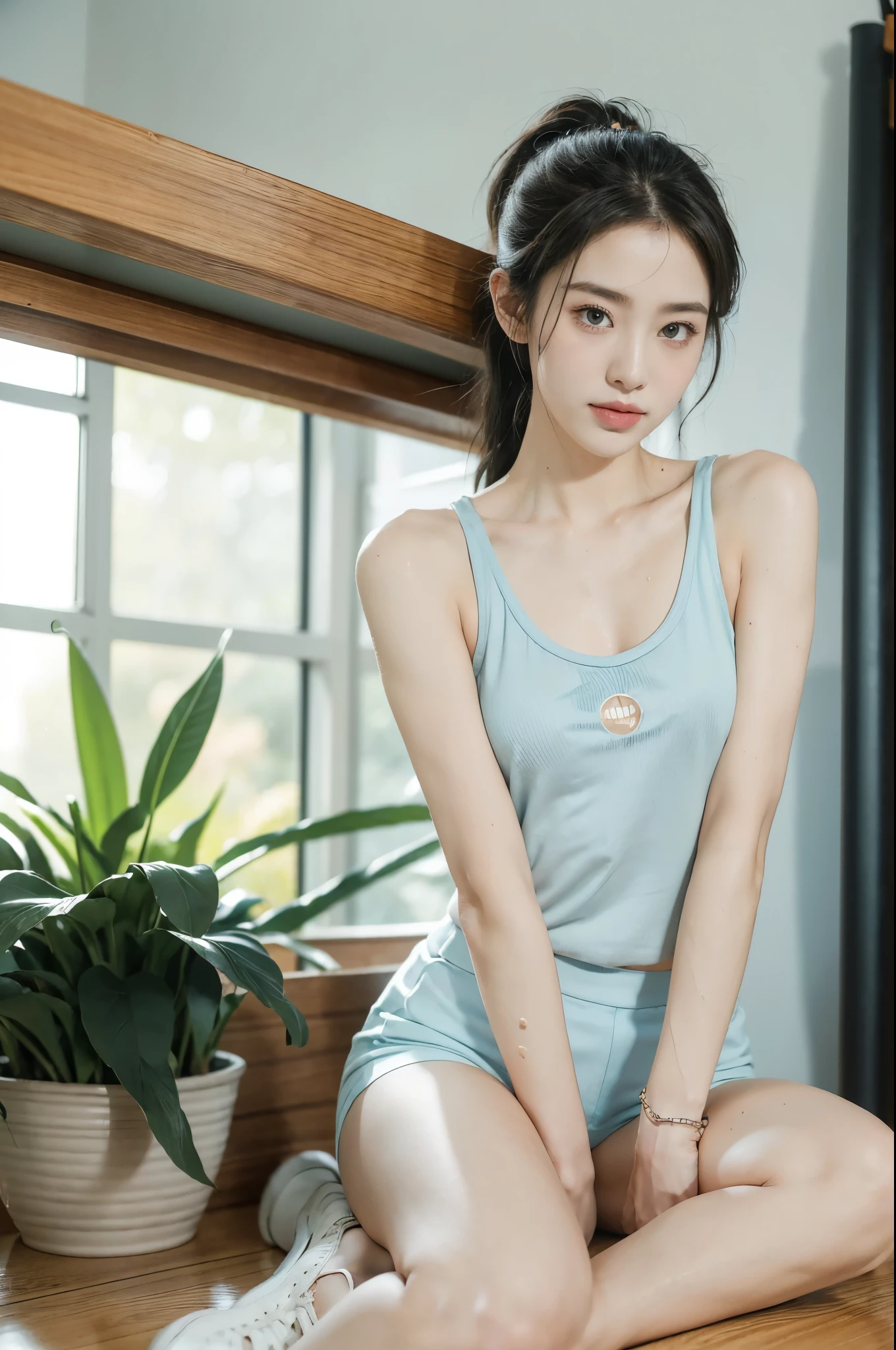 (((best quality))),(((ultra detailed))),(((masterpiece))),illustration,(1 beautiful girl,solo),((slim,thin)),((small breasts,flat chest)),(blush:1.5),summer afternoon,living room,sanctuary of tranquility,fitness,grace,(short ponytail:1.2),effortless elegance,((light blue yoga tank top,matching shorts)),youthful radiance,enchanting,inspiring,(sitting on treadmill:1.3),(arms behind back:1.3),(spread legs apart:1.3),body drenched in perspiration,(sweat:1.5),dedication,inner strength,determination,composed,focused,eyes,lush potted plant,greenery,life,vitality,soft sunlight,warm patches of light,fragrant cookies,cozy ambiance,attire,functional,fashionable,comfort,flexibility,slender figure,curves,lightweight material,unrestricted movement,sneakers,feet,grip,treadmill's belt,propel,forward,serene expression,slight smile,lips,focused on horizon,visualizing goals,dreams,radiant beauty, comfortable clothing,determined spirit,captivating,inspiring image,essence of summertime fitness,self-care,((from front,full body))